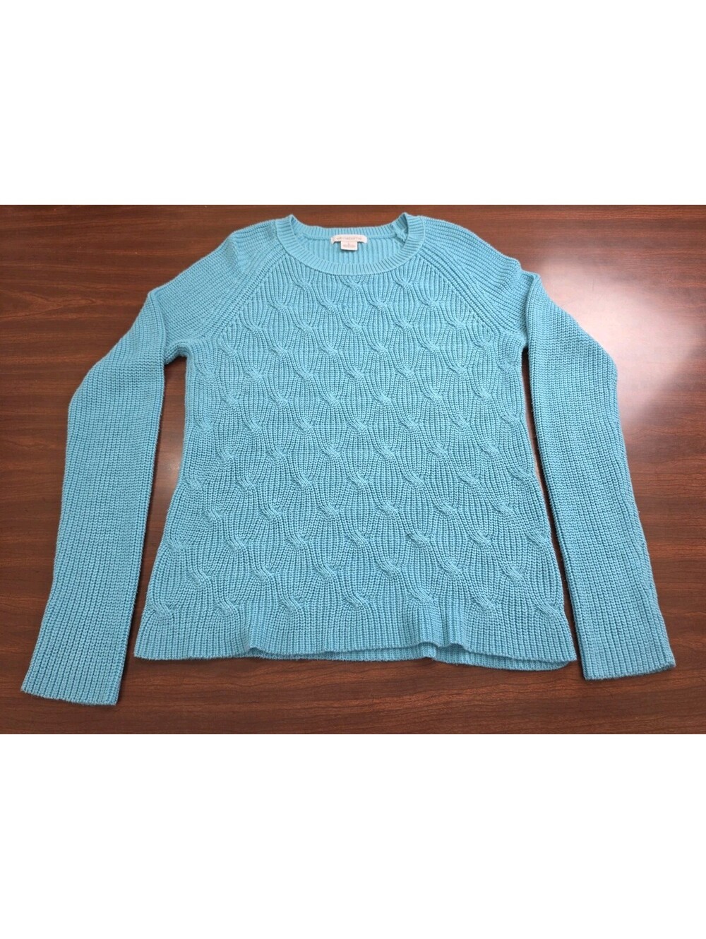 Liz Claiborne Large Turquoise Blue Cable Knit Cotton Blend Crewneck Sweater